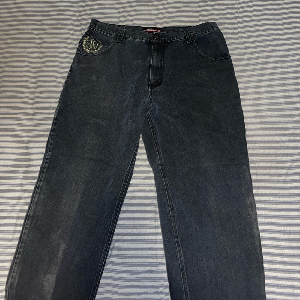 Black embroidered classic fit jeans